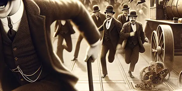 A whimsical early 20th-century cityscape featuring a Chaplin-like character in a humorous chase amidst mechanical contraptions.