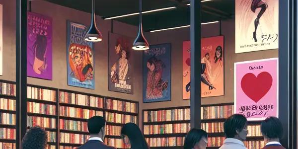 A modern adult entertainment store, "Passion Shop," bustling with diverse customers exploring vibrant displays of DVDs and posters.