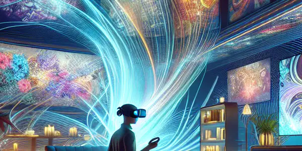 A futuristic living room with a user in a VR headset, surrounded by vibrant visuals and ambient lighting.