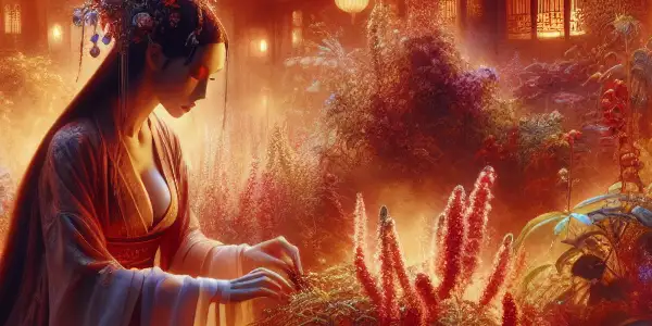 A graceful figure in Hanfu explores a glowing herbal garden, blending sensuality with traditional Chinese medicine amidst twilight.