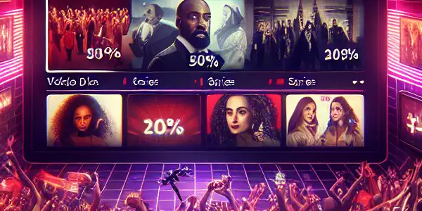 A lively digital marketplace showcasing adult entertainment with vibrant colors, discounts, and diverse characters browsing videos.