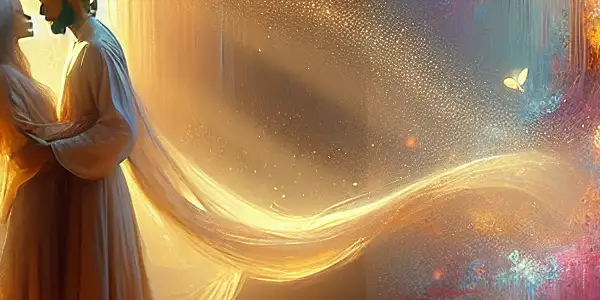 A passionate moment between a man and woman in a beautifully lit room adorned with butterfly motifs.<a href=