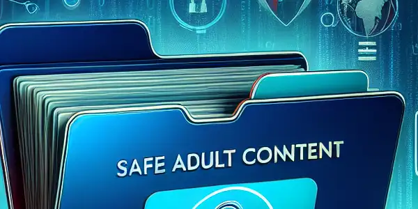 A modern computer interface featuring a locked folder labeled "Safe Adult Content" with symbols of data security.