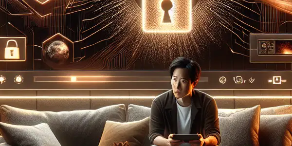 A cozy living room scene featuring a person enjoying adult content on a large screen, surrounded by privacy symbols.