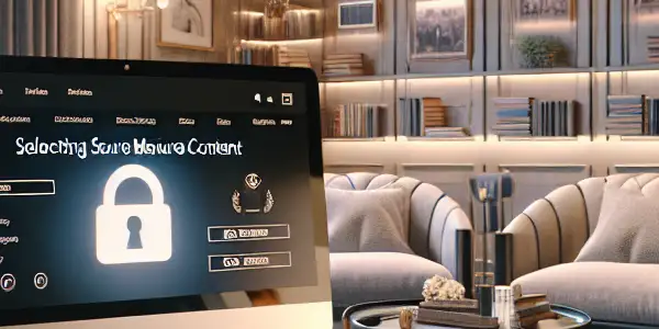 A modern room featuring a computer displaying a secure adult film website and quality DVD cases, promoting safe choices.