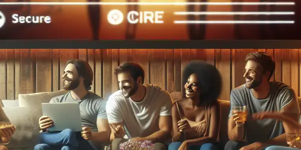 A cozy living room scene with friends discussing and enjoying snacks while watching a blurred Japanese AV movie.