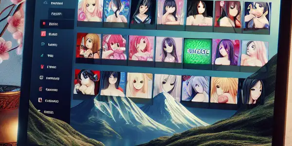 A modern digital workspace showcasing safe adult entertainment with Japanese cultural elements and symbols of online security.