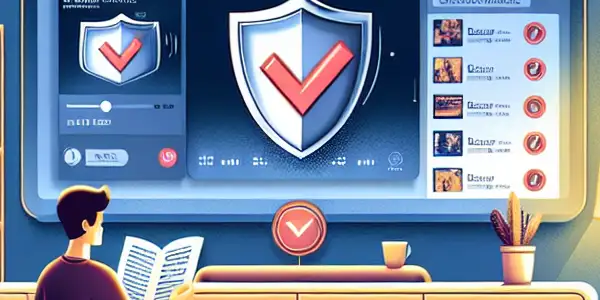 A cozy home scene featuring a person watching adult films, surrounded by safety symbols and a warm atmosphere.