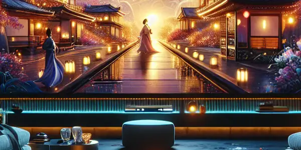 A luxurious living room with a high-definition screen showcasing artistic Japanese adult films and elegant furnishings.