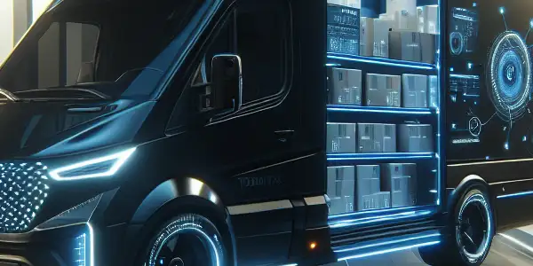 A high-tech delivery van in a dimly lit alley, symbolizing discreet adult entertainment logistics with organized packages inside.<a href=