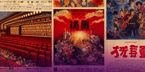 A cozy theater showcasing classic erotic films and vibrant Japanese AV posters in a romantic atmosphere.