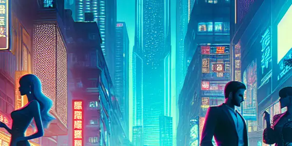 A vibrant urban street in Dongguan at night, featuring stylish characters and hints of adult entertainment.