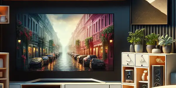 A cozy living room featuring a sleek TV displaying an elegant adult film, organized shelves, and ambient lighting.