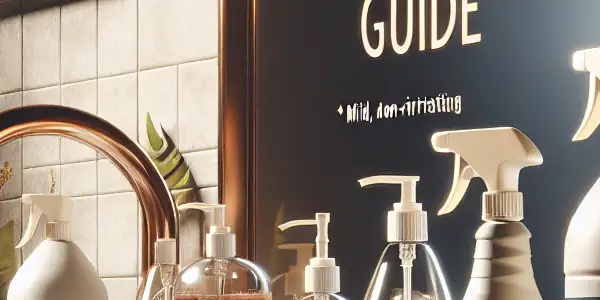 A modern bathroom scene showcasing adult cleaning practices with toys, cleaning products, and a gentle cleaning spray.