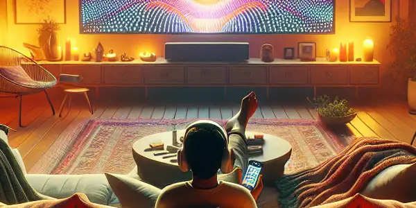 A cozy living room with a person enjoying abstract visuals on a TV, emphasizing privacy and cleanliness.
