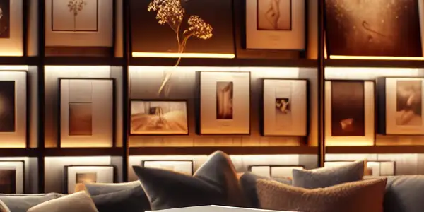 An elegant display of Japanese adult film packaging in a cozy, intimate viewing space.