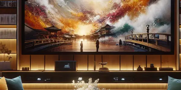 A contemporary viewing room featuring a large screen with a vibrant adult film montage and luxurious decor.