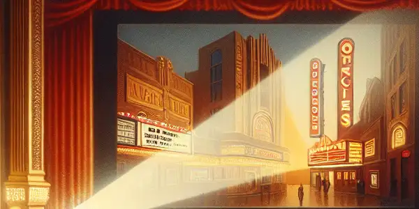 A vintage movie theater scene with plush seats, a classic projector, and a diverse audience enjoying a film.