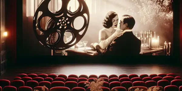 A vintage cinema hall with plush red seats, showcasing a romantic film scene in dim, intimate lighting.