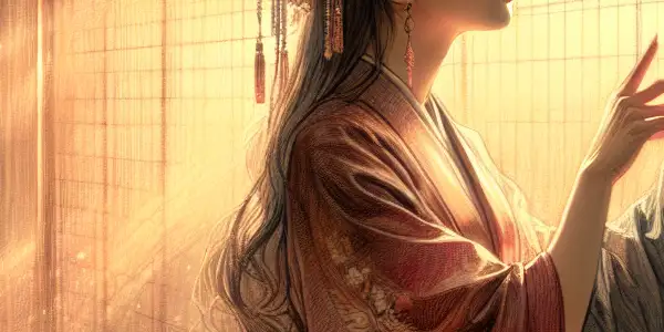 Intimate scene featuring characters in a nostalgic Japanese setting, expressing emotional depth and connection.