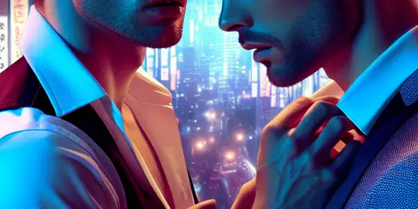 Two men share a passionate moment in a vibrant Tokyo-inspired urban night setting, surrounded by neon lights.