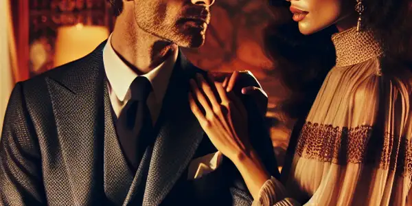 An elegant couple in a luxurious hotel suite, engaged in an intimate conversation amidst opulent decor and soft lighting.