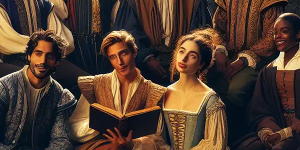 A group of ten young people in medieval attire gather in a lush garden, sharing stories around a vintage book.