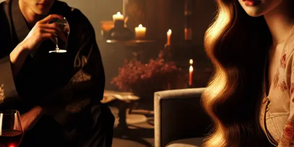 A dimly lit living room featuring a young woman and a charming man sharing a moment of romantic tension.