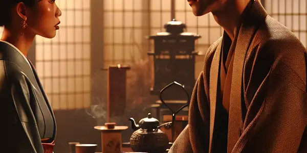 A serene Japanese room with a male and female actor engaged in an intimate conversation, surrounded by cultural elements.