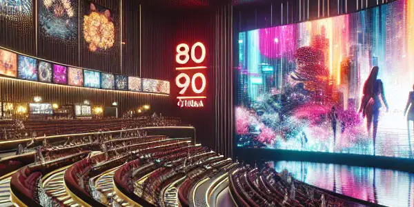 Futuristic cinema hall with plush seating, large screens, neon lights, and vibrant Japanese pop culture visuals.