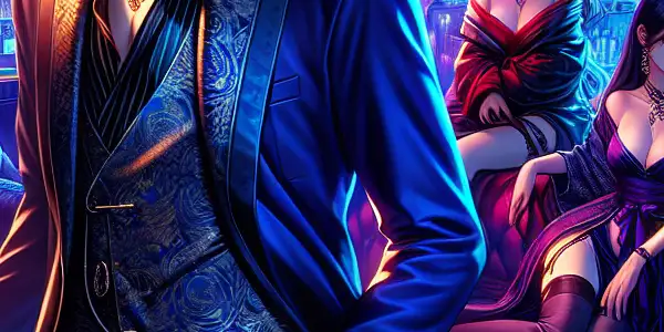 A mysterious club scene featuring a charismatic male protagonist surrounded by alluring women in stylish, vibrant attire.