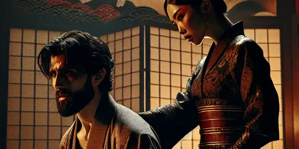 A dramatic Japanese-inspired room featuring two actors in intense interaction, surrounded by abstract symbols of power and a serene garden backdrop.