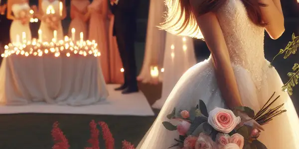 A romantic outdoor wedding scene at twilight, featuring a joyful bride surrounded by flowers and elegant decor.